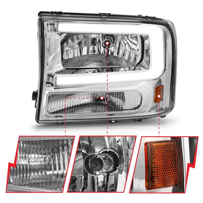 ANZO 99 - 04 Ford F250/F350/F450/Excursion (excl. 99) Crystal Headlights - w/ Light Bar Chrome Housing - CPC Performance