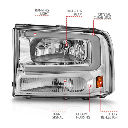 ANZO 99 - 04 Ford F250/F350/F450/Excursion (excl. 99) Crystal Headlights - w/ Light Bar Chrome Housing - CPC Performance
