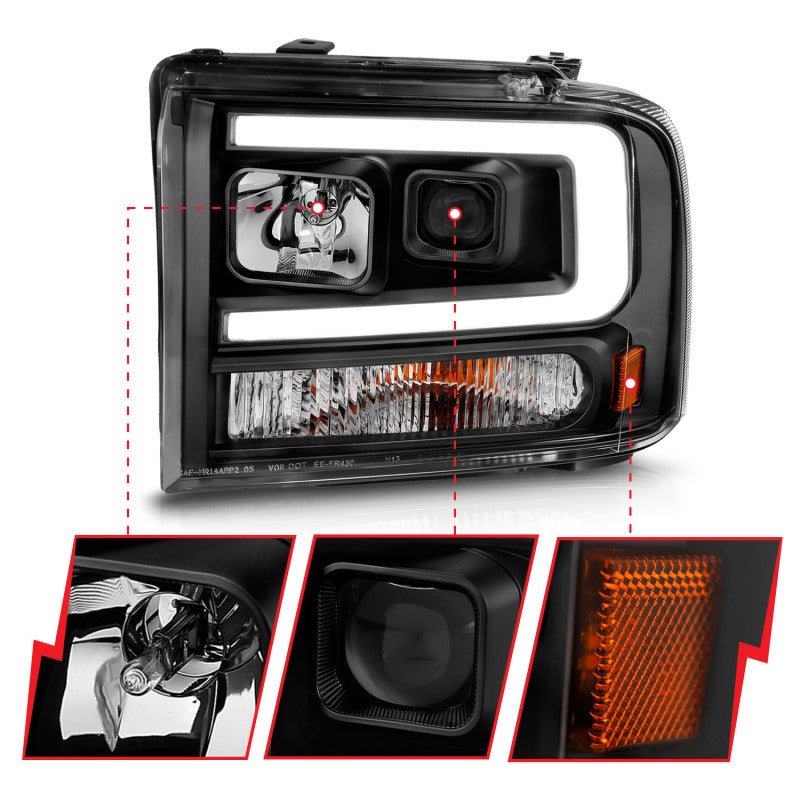 ANZO 99 - 04 Ford F250/F350/F450/Excursion (excl 99) Projector Headlights - w/ Light Bar Black Housing - CPC Performance