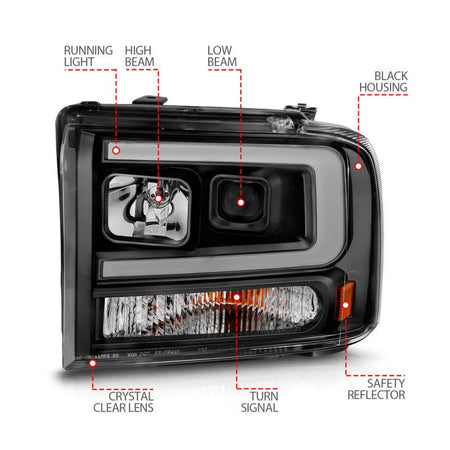 ANZO 99 - 04 Ford F250/F350/F450/Excursion (excl 99) Projector Headlights - w/ Light Bar Black Housing - CPC Performance
