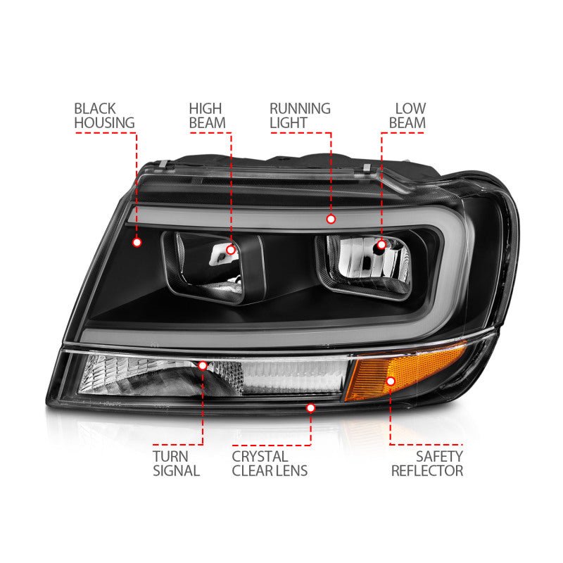 ANZO 99 - 04 Jeep Grand Cherokee Crystal Headlights - w/ Light Bar Black Housing - CPC Performance