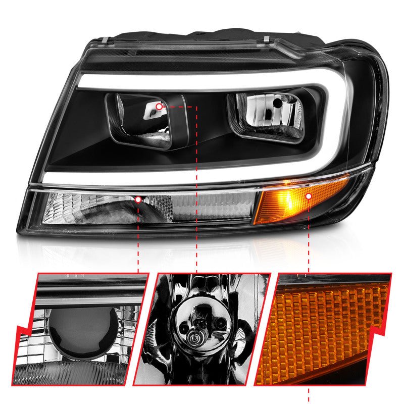 ANZO 99 - 04 Jeep Grand Cherokee Crystal Headlights - w/ Light Bar Black Housing - CPC Performance