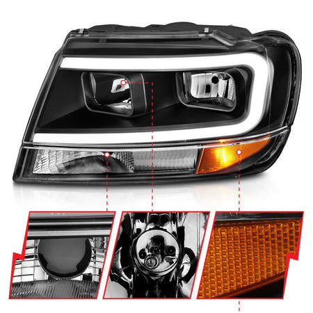 ANZO 99 - 04 Jeep Grand Cherokee Crystal Headlights - w/ Light Bar Black Housing - CPC Performance