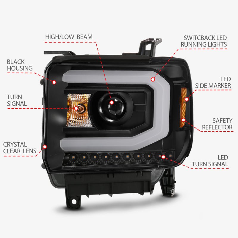 ANZO GMC SIERRA 1500 14 - 15 2500H/15 - 19 Projector Headlight Plank Style Black w/ Switchback (Halogen) - CPC Performance