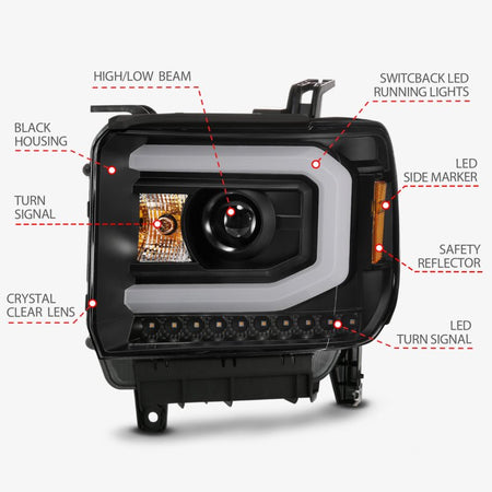 ANZO GMC SIERRA 1500 14 - 15 2500H/15 - 19 Projector Headlight Plank Style Black w/ Switchback (Halogen) - CPC Performance