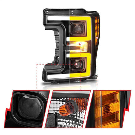 ANZO LED Headlights 17 - 18 Ford F - 250 Super Duty Plank - Style L.E.D. Headlight Black (Pair) - CPC Performance