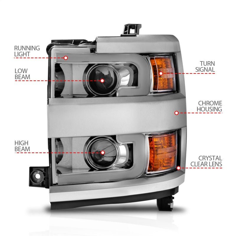 ANZO Projector Headlights 15 - 17 Chevrolet Silverado 2500HD / 3500HD Chrome w/ Chrome Rim - CPC Performance
