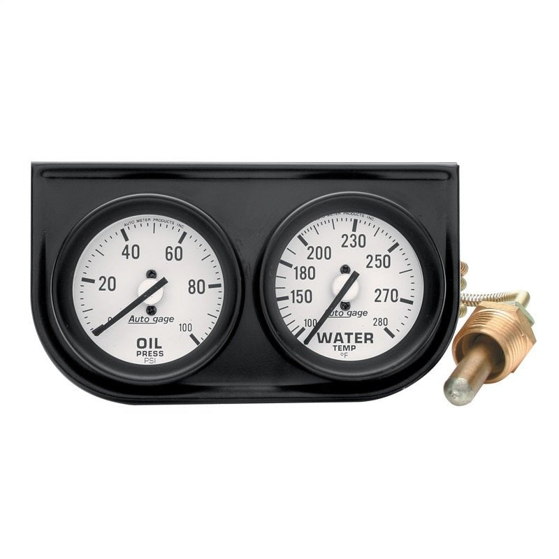 Autometer AutoGage Two - Gauge Console 2 - 1/16in Mech 0 - 100 PSI Oil Press/100 - 280 Deg Water Temp - Black - CPC Performance