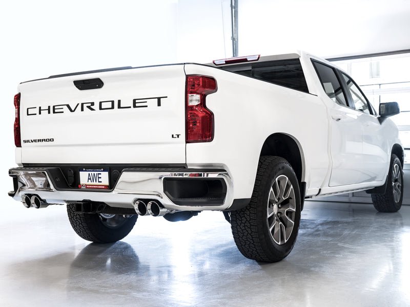AWE Tuning 4th Gen GM 1500 5.3L 0FG Catback Split Rear Exit (w/ Bumper Cutouts) - Quad Chrome Tips - CPC Performance