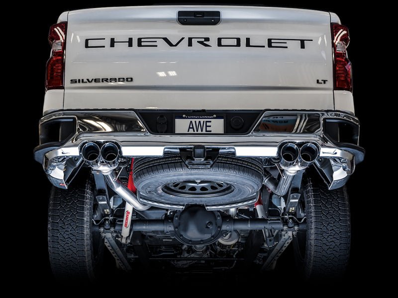 AWE Tuning 4th Gen GM 1500 5.3L 0FG Catback Split Rear Exit (w/ Bumper Cutouts) - Quad Chrome Tips - CPC Performance