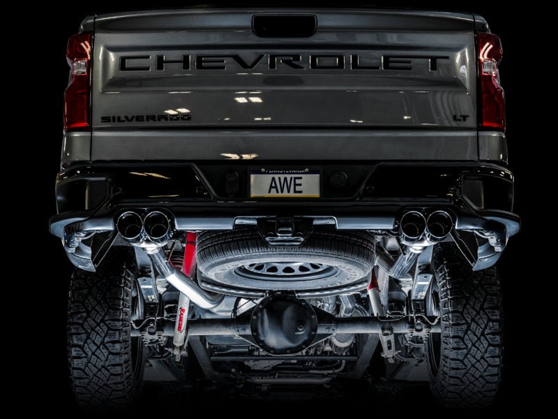 AWE Tuning 4th Gen GM 1500 6.2L 0FG Catback Split Rear Exit (w/ Bumper Cutouts) - Quad Chrome Tips - CPC Performance