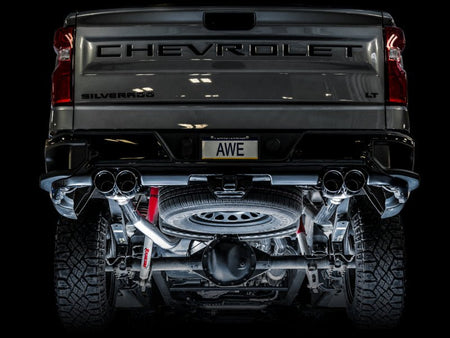 AWE Tuning 4th Gen GM 1500 6.2L 0FG Catback Split Rear Exit (w/ Bumper Cutouts) - Quad Chrome Tips - CPC Performance